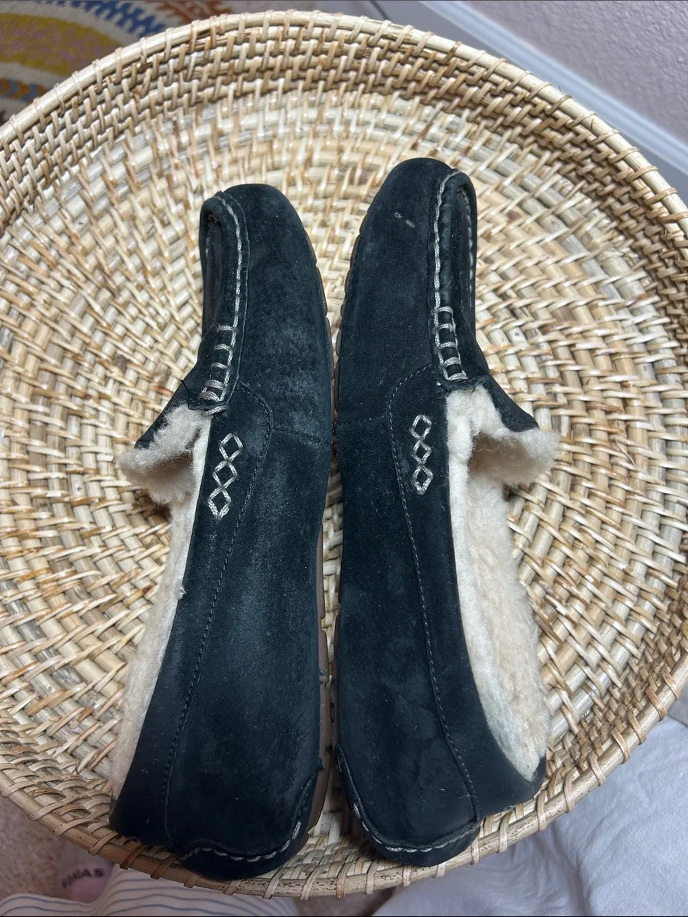 UGG Black Suede Shearling-Lined Moccasin Slippers